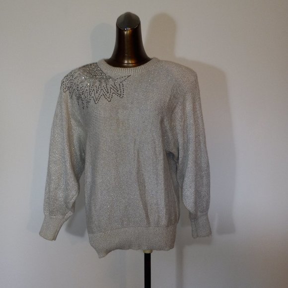 crew-neck silver metalic thread acrylic sweater sequin and beaded vintage 1980s - Picture 13 of 16